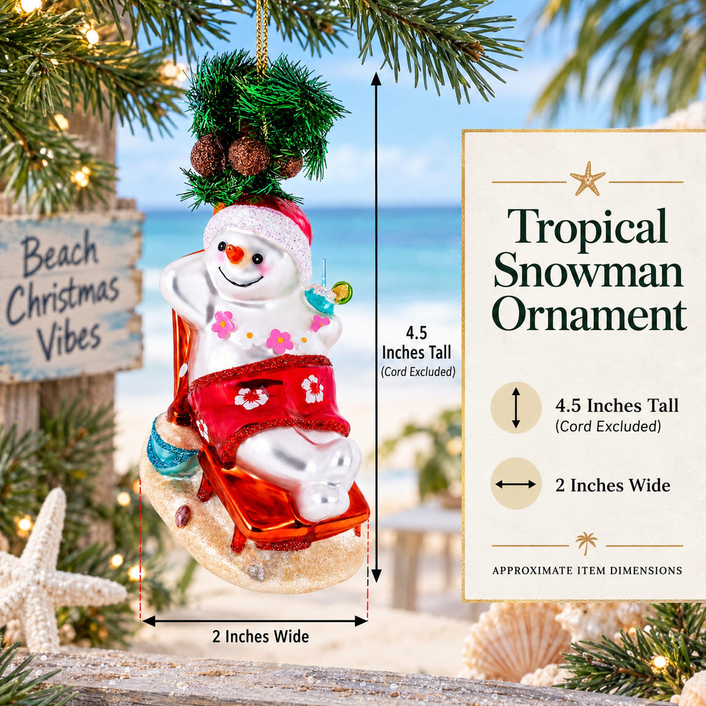 Tropical Snowman on the Beach Exotic Glass Christmas Ornament