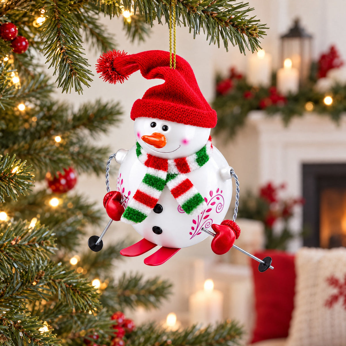 Snowman Skiing Glass Christmas Ornament