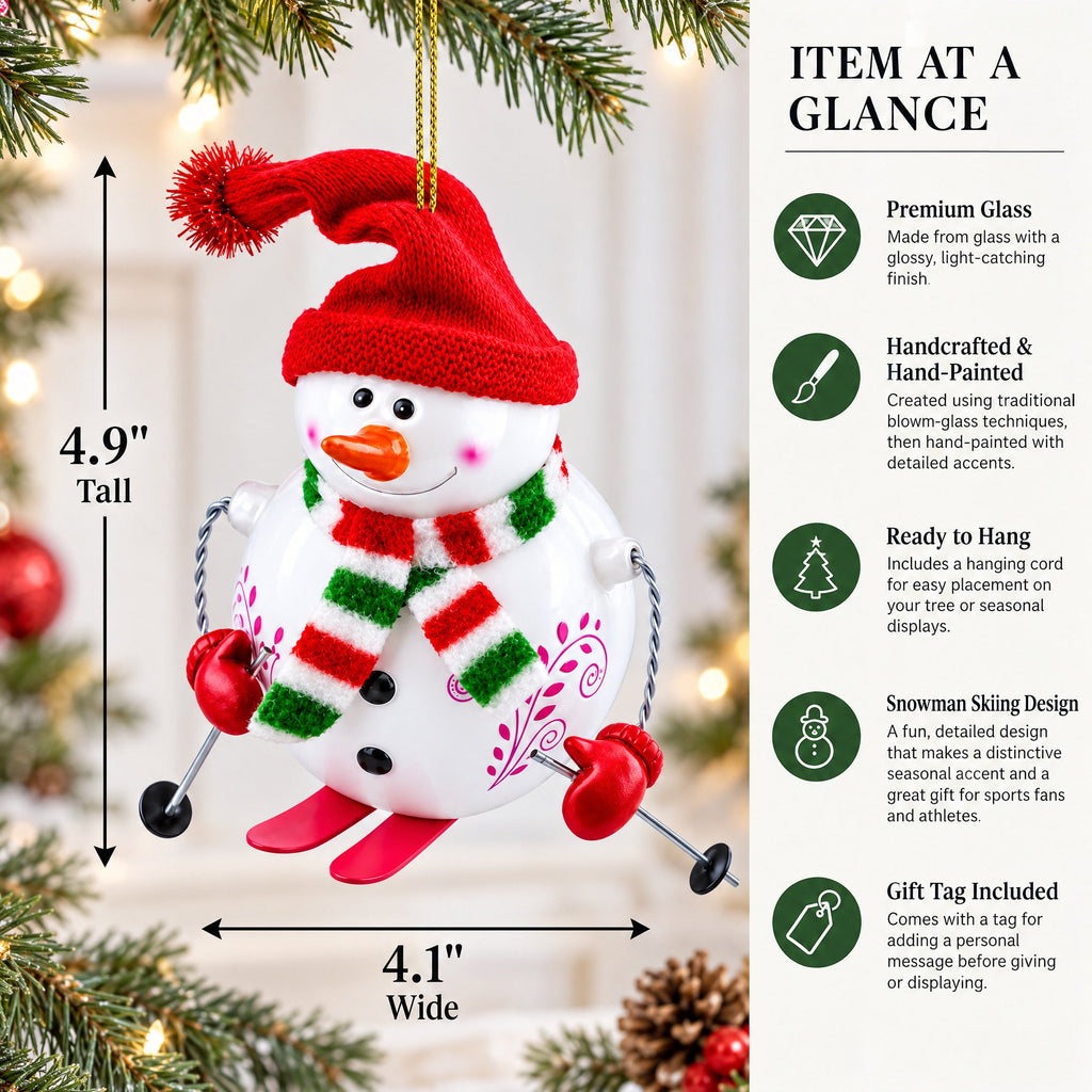 Snowman Skiing Glass Christmas Ornament