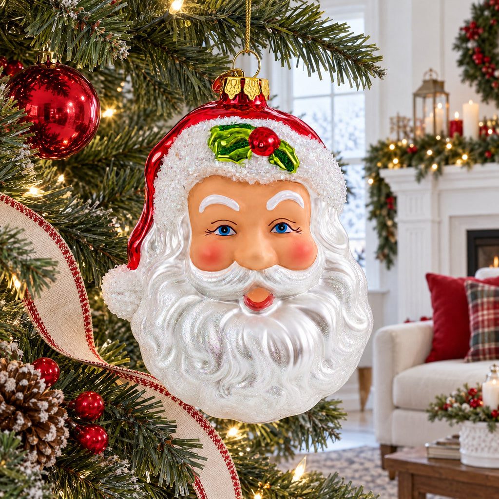 Santa Head with Mistletoe Glass Christmas Ornament
