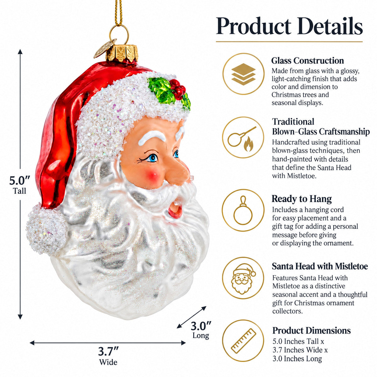 Santa Head with Mistletoe Glass Christmas Ornament