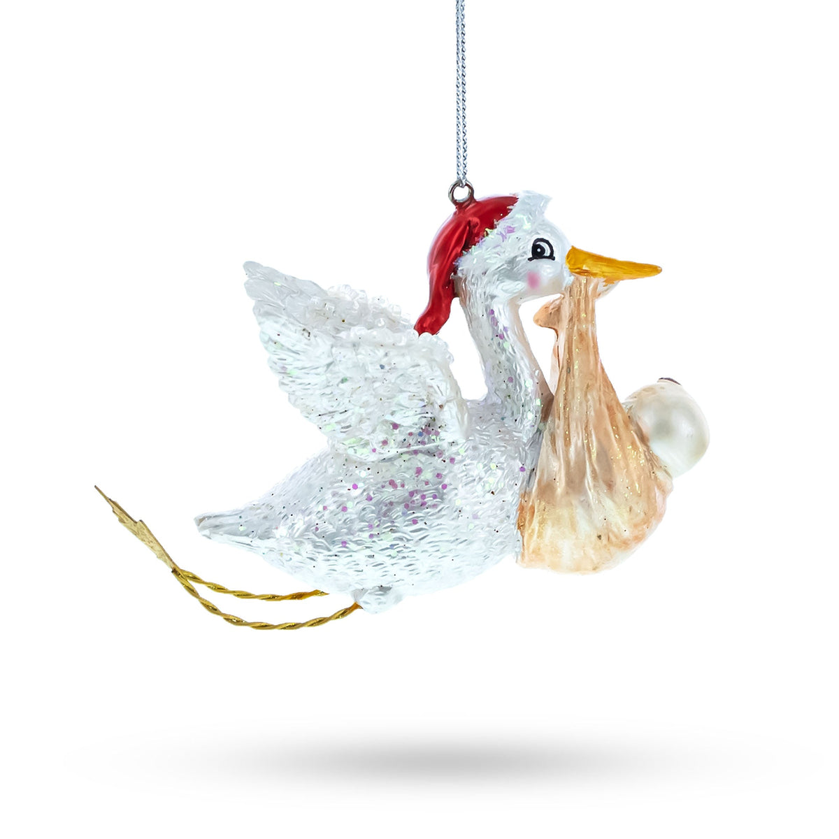 Charming Stork Carrying Baby Glass Christmas Ornament