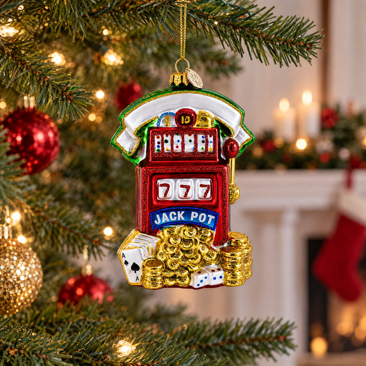 Jackpot Casino Slot Machine Glass Christmas Ornament