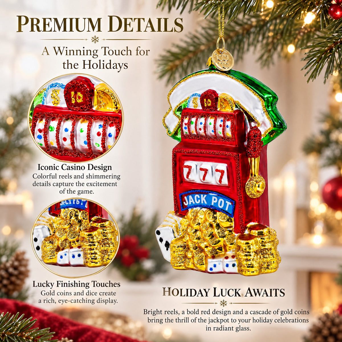Jackpot Casino Slot Machine Glass Christmas Ornament