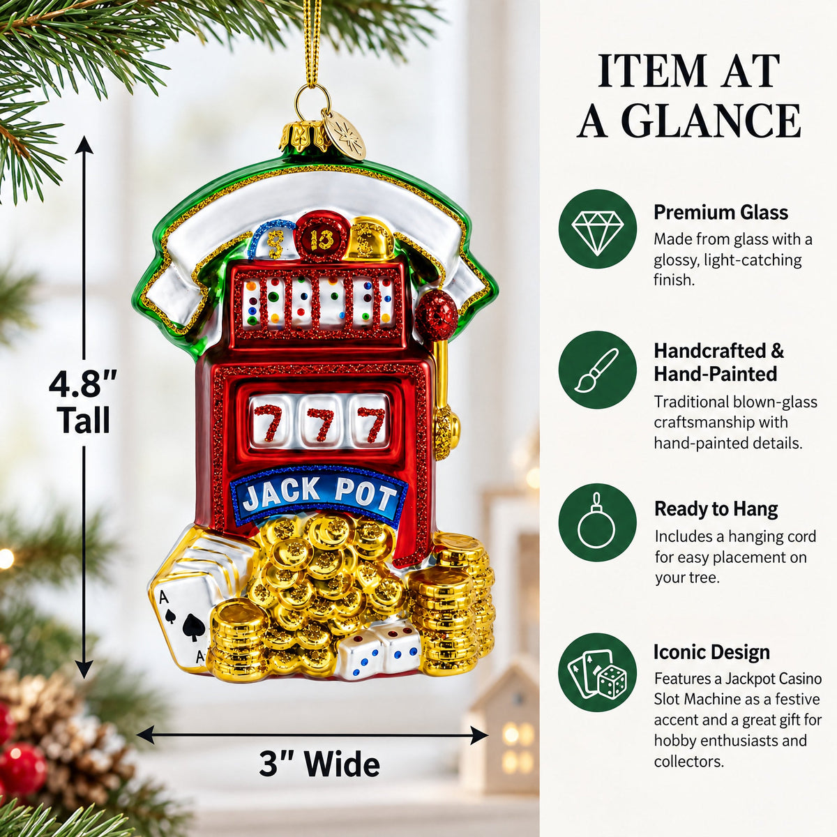 Jackpot Casino Slot Machine Glass Christmas Ornament