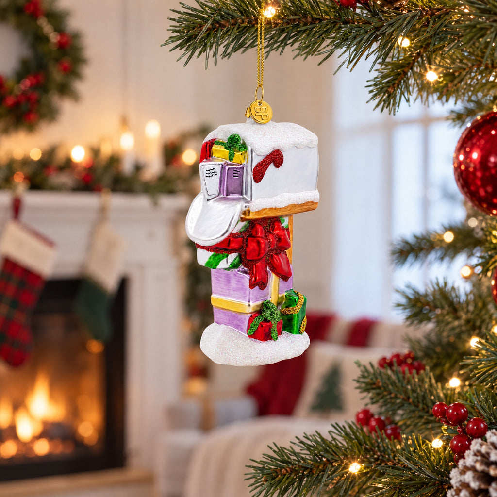 Mailbox with Letters and Gifts Glass Christmas Ornament