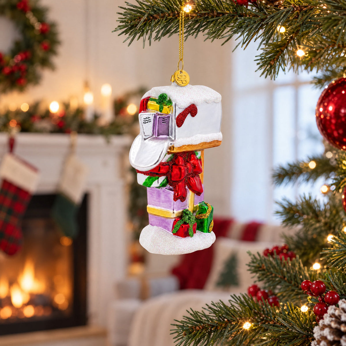 Mailbox with Letters and Gifts Glass Christmas Ornament