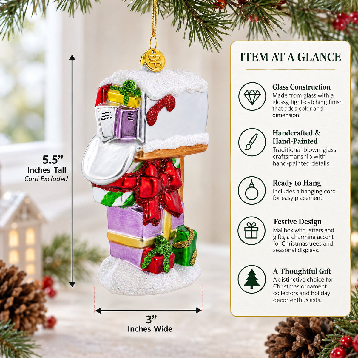 Mailbox with Letters and Gifts Glass Christmas Ornament
