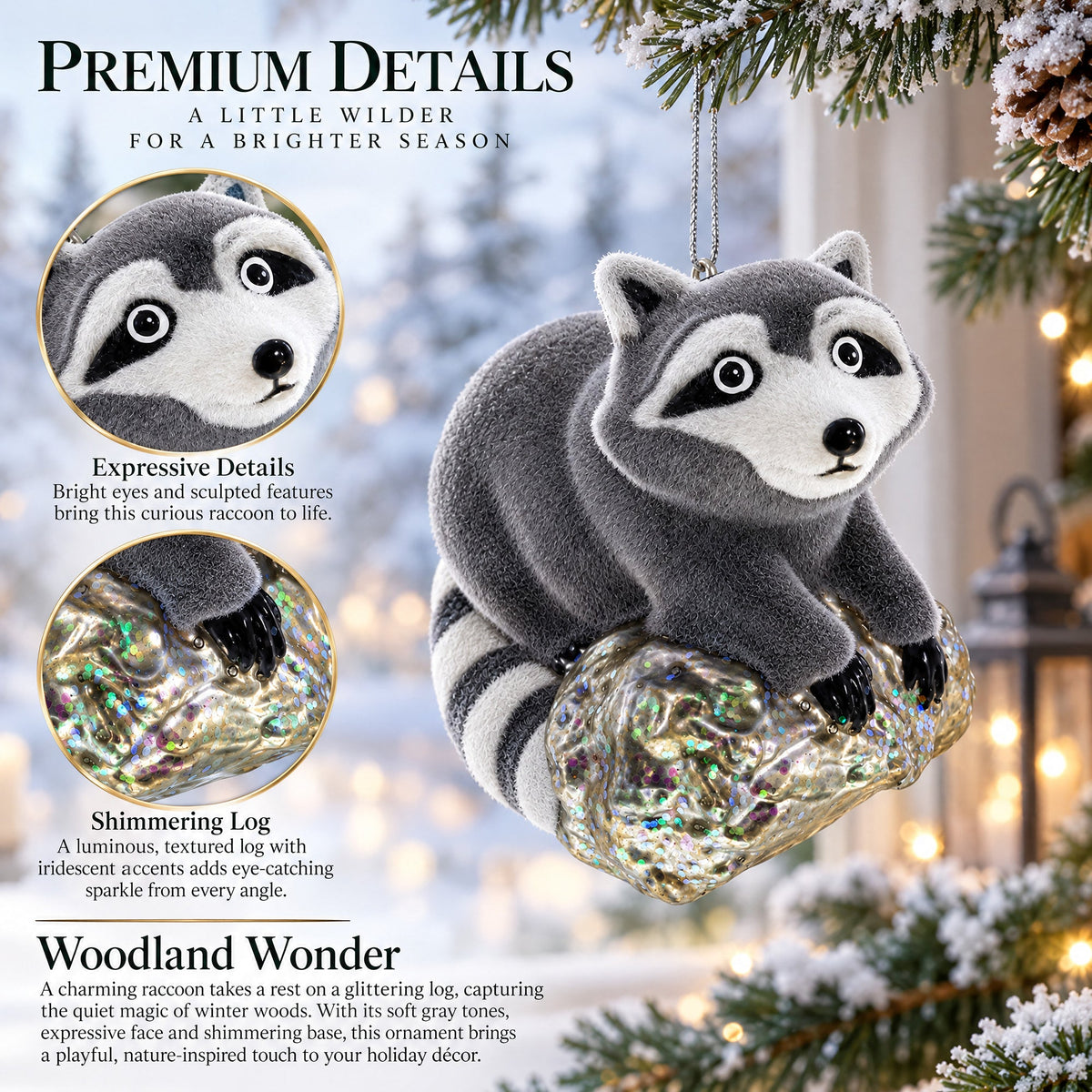 Racoon on a Log Glass Christmas Ornament