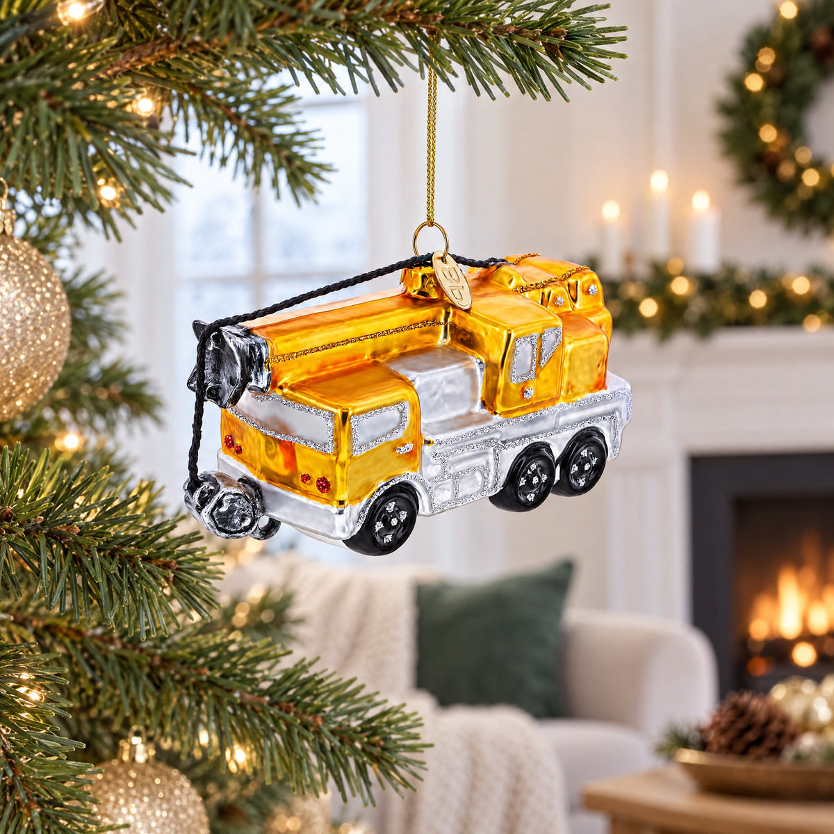 Construction Crane Glass Christmas Ornament