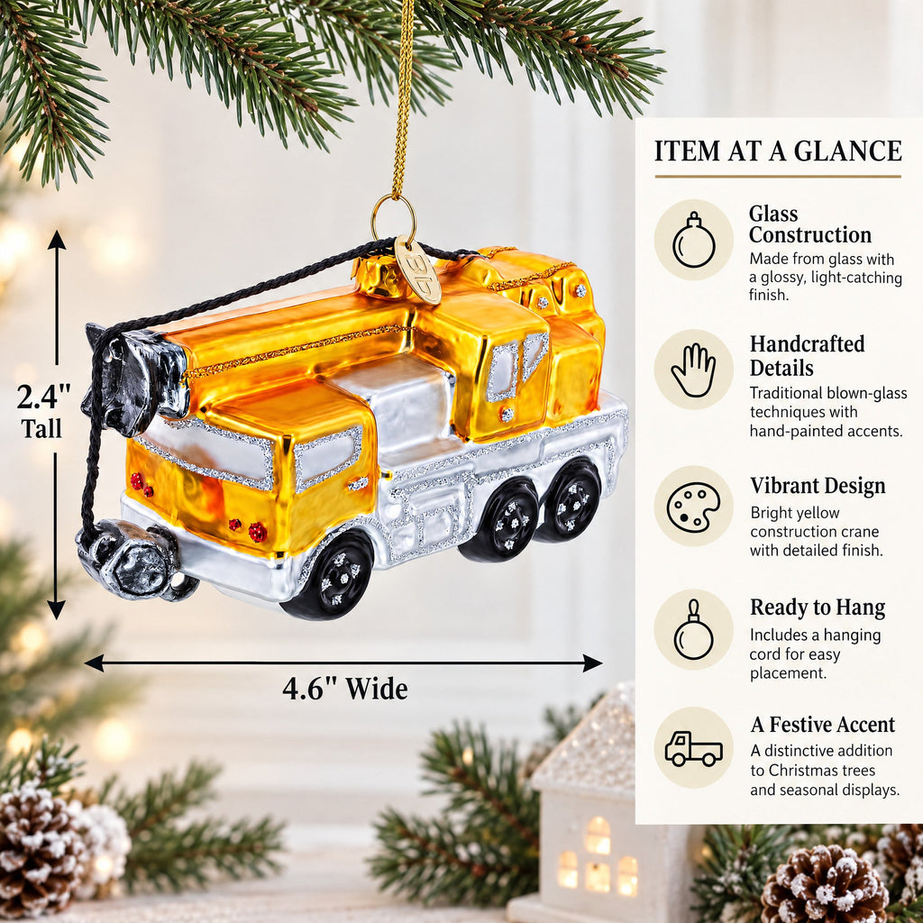 Construction Crane Glass Christmas Ornament