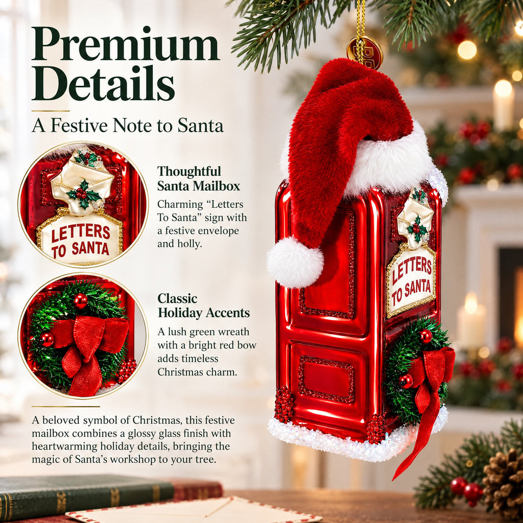 Red Santa Mailbox with Wreath Glass Christmas Ornament