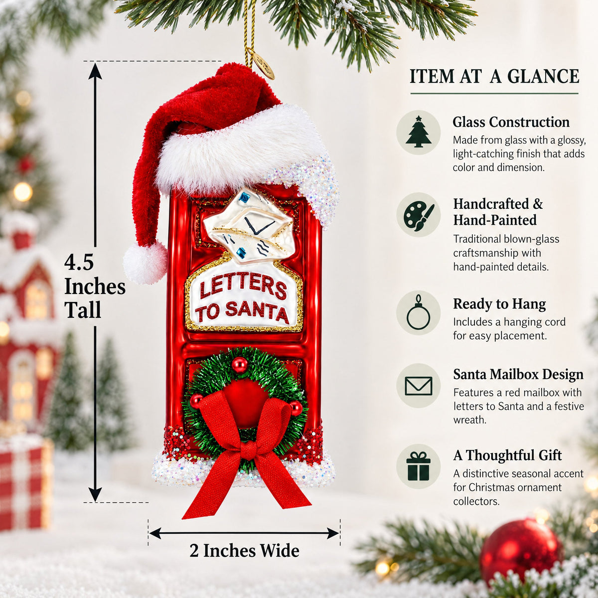 Red Santa Mailbox with Wreath Glass Christmas Ornament