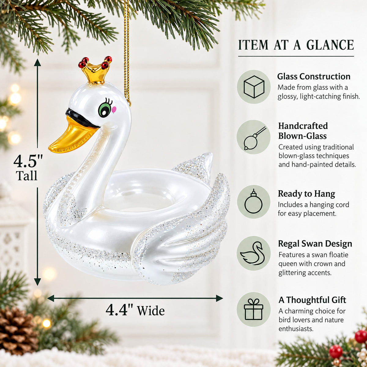 Regal Swan Floatie Queen Glass Christmas Ornament