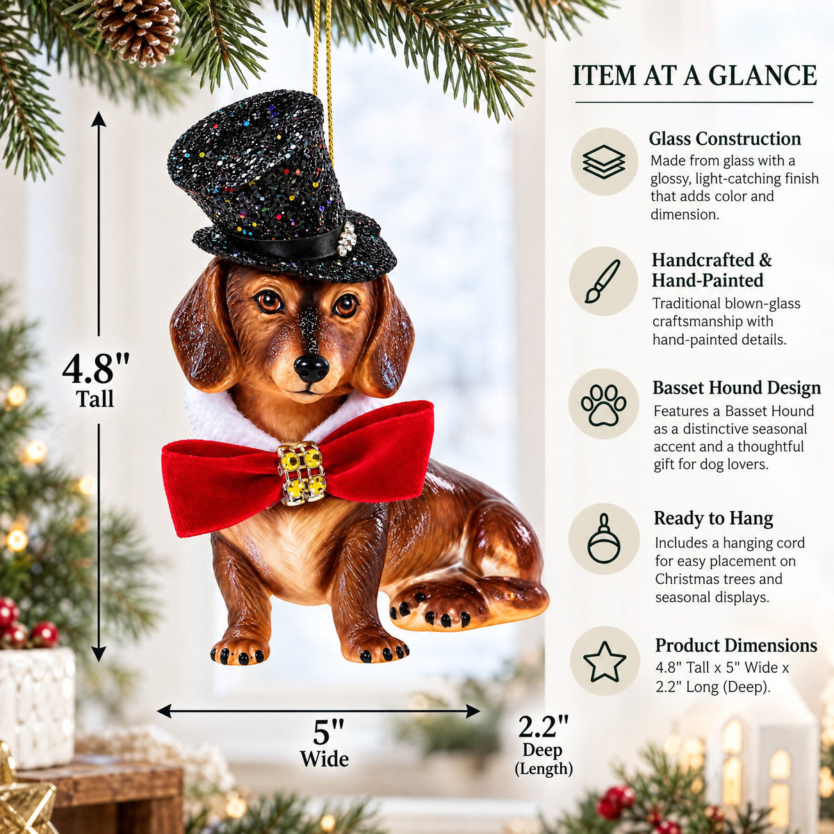 Basset Hound Glass Christmas Ornament