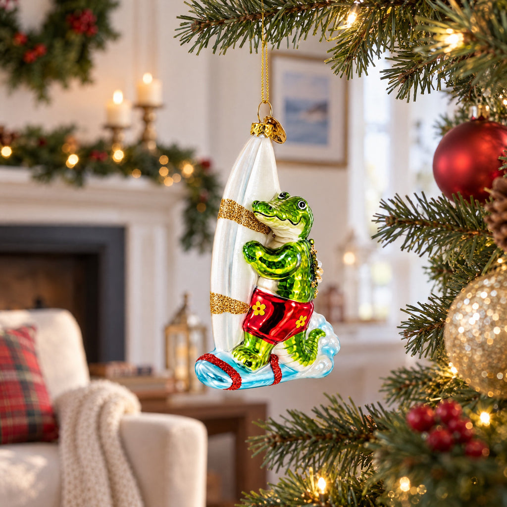 Alligator Windsurfer Glass Christmas Ornament