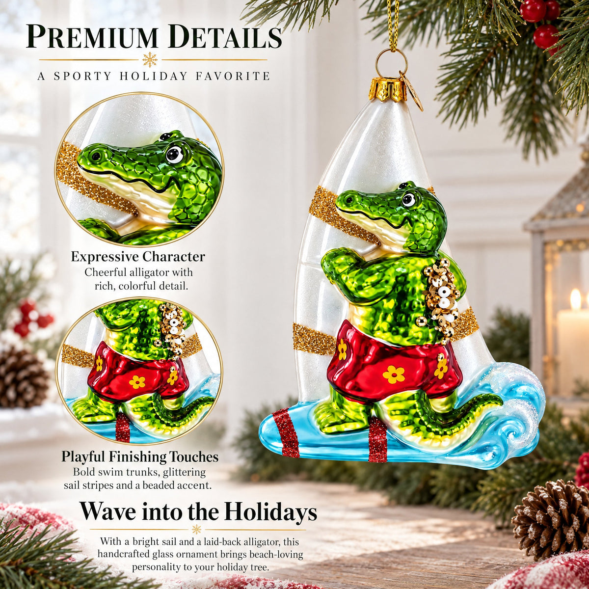 Alligator Windsurfer Glass Christmas Ornament