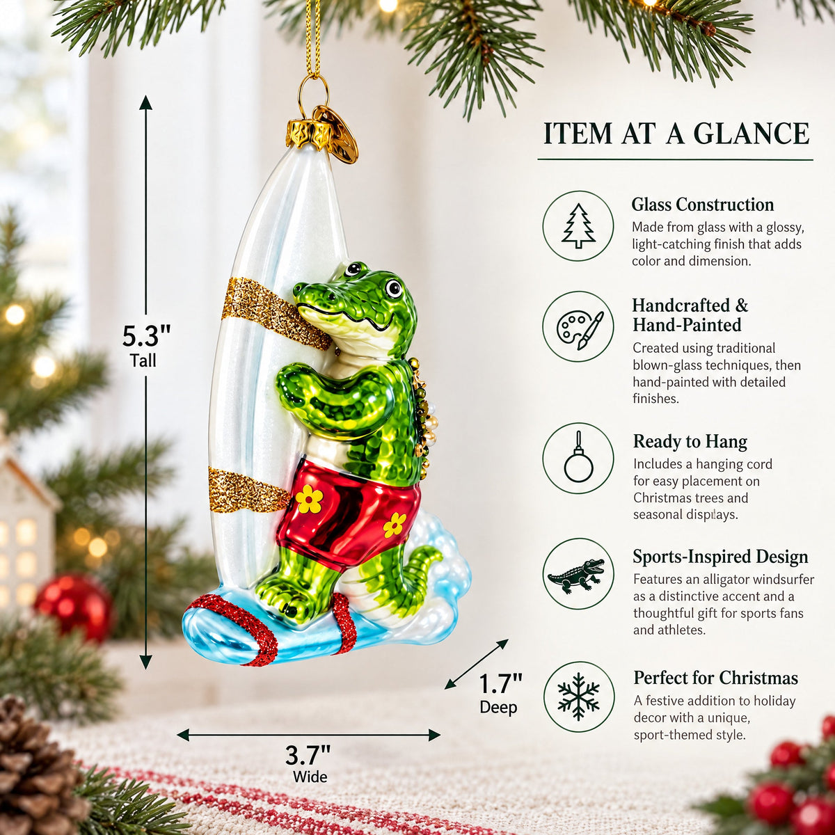 Alligator Windsurfer Glass Christmas Ornament