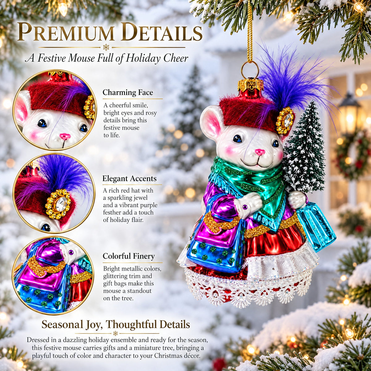 Mouse with Tree and Gifts Glass Christmas Ornament