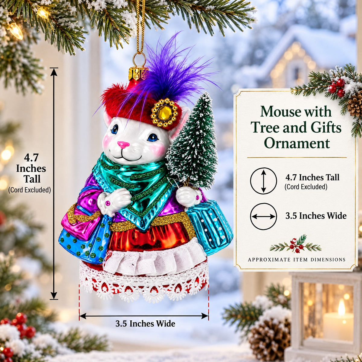 Mouse with Tree and Gifts Glass Christmas Ornament