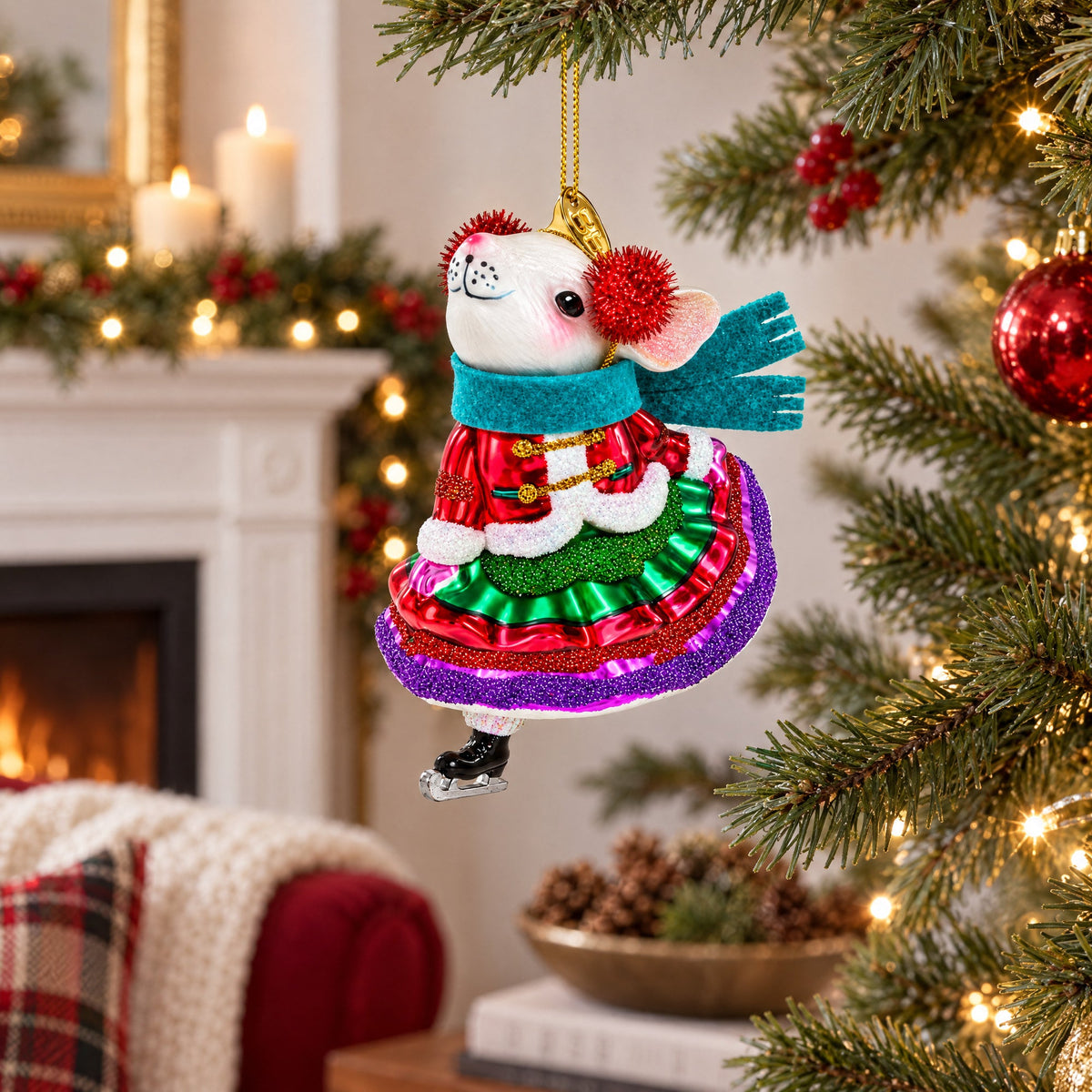 Mouse on Ice Skates Glass Christmas Ornament