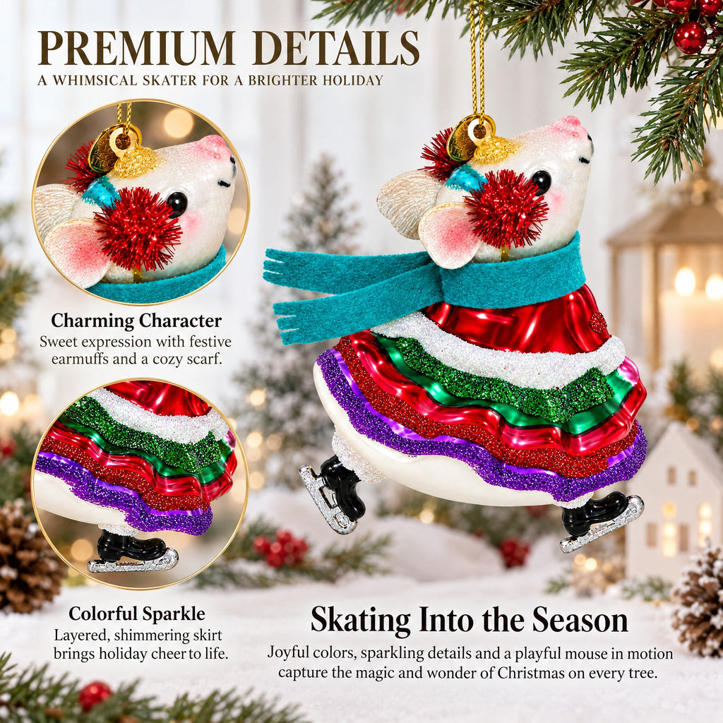 Mouse on Ice Skates Glass Christmas Ornament