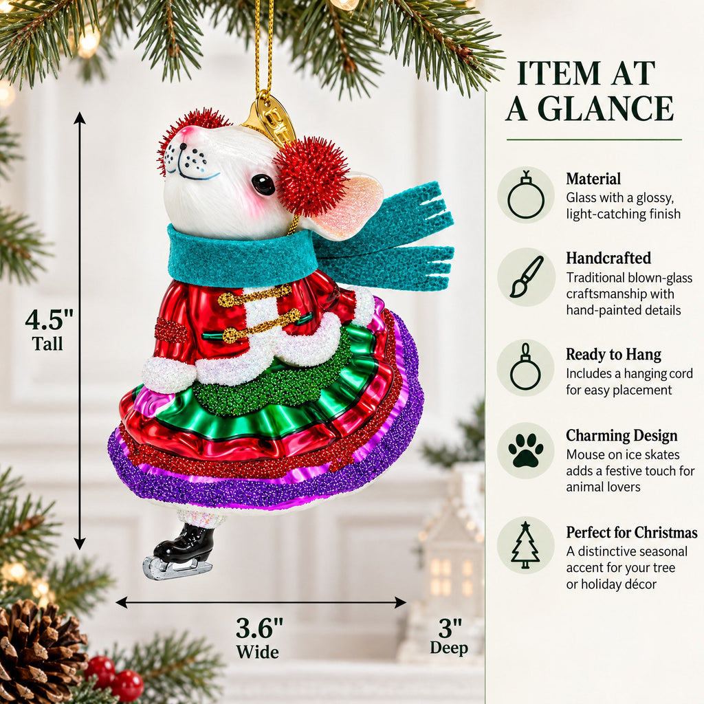 Mouse on Ice Skates Glass Christmas Ornament