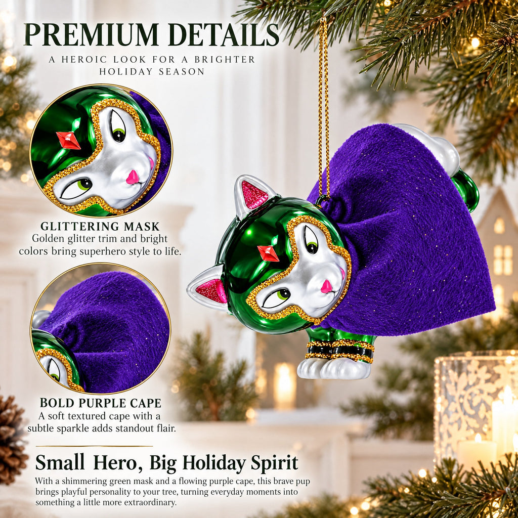 Super Dog in Green Mask Glass Christmas Ornament