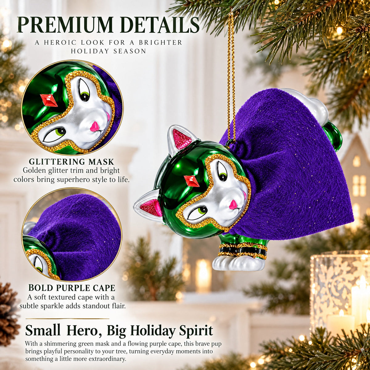 Super Dog in Green Mask Glass Christmas Ornament