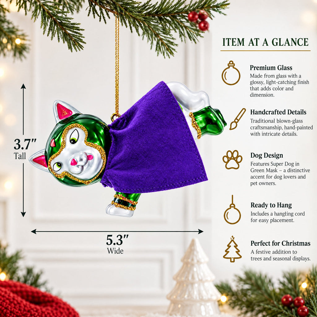 Super Dog in Green Mask Glass Christmas Ornament