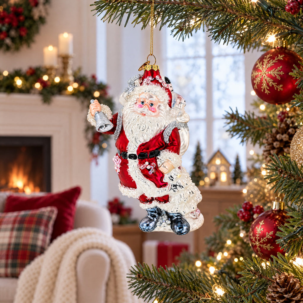 Classic Santa Claus Holding Bell Glass Christmas Ornament