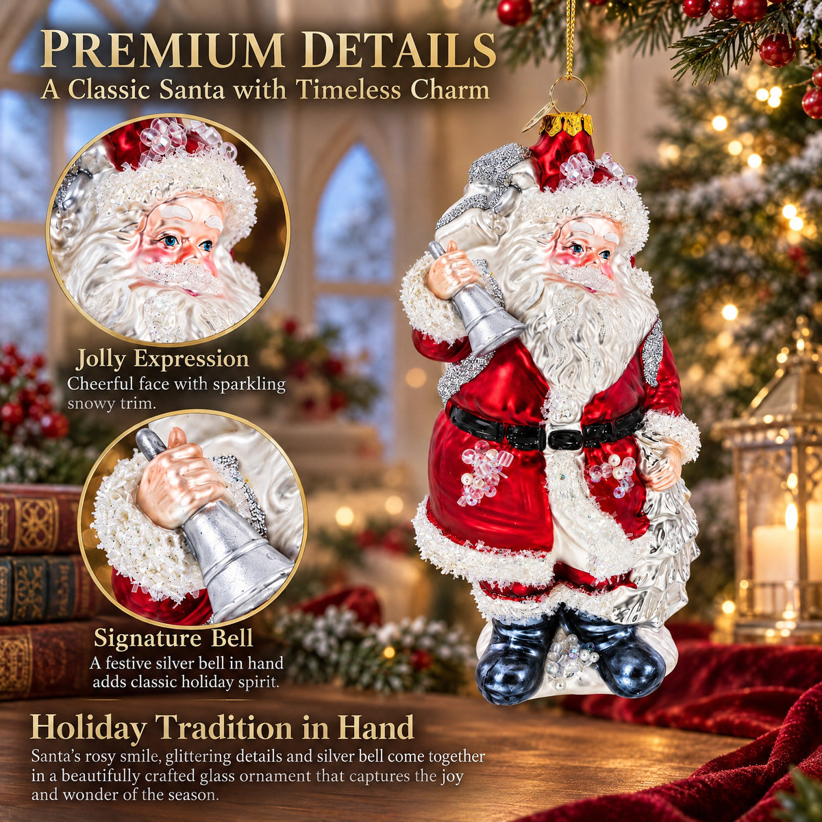 Classic Santa Claus Holding Bell Glass Christmas Ornament