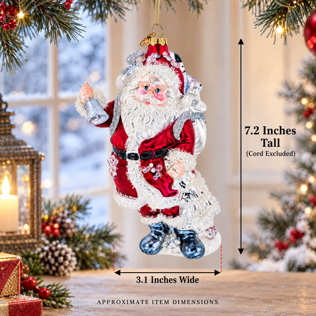 Classic Santa Claus Holding Bell Glass Christmas Ornament