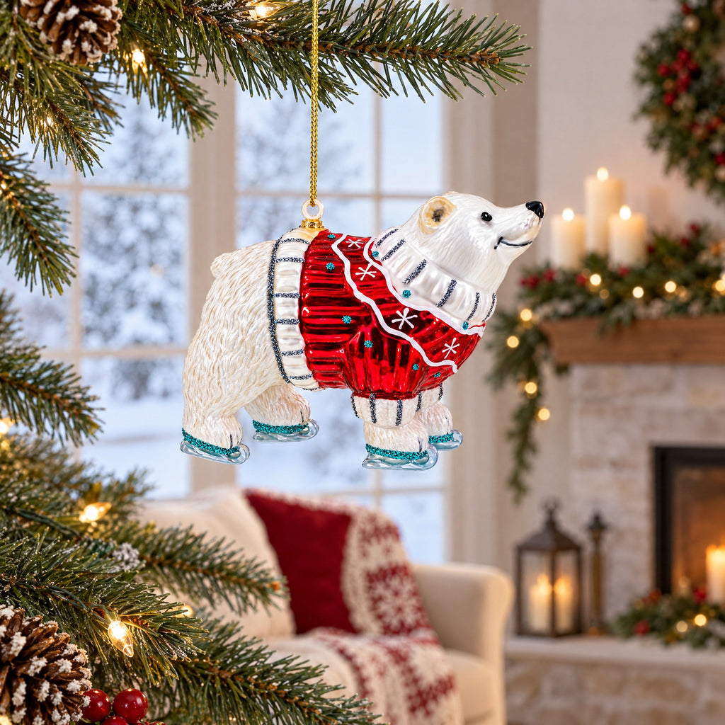Polar Bear Wearing a Festive Sweater Glass Christmas Ornament