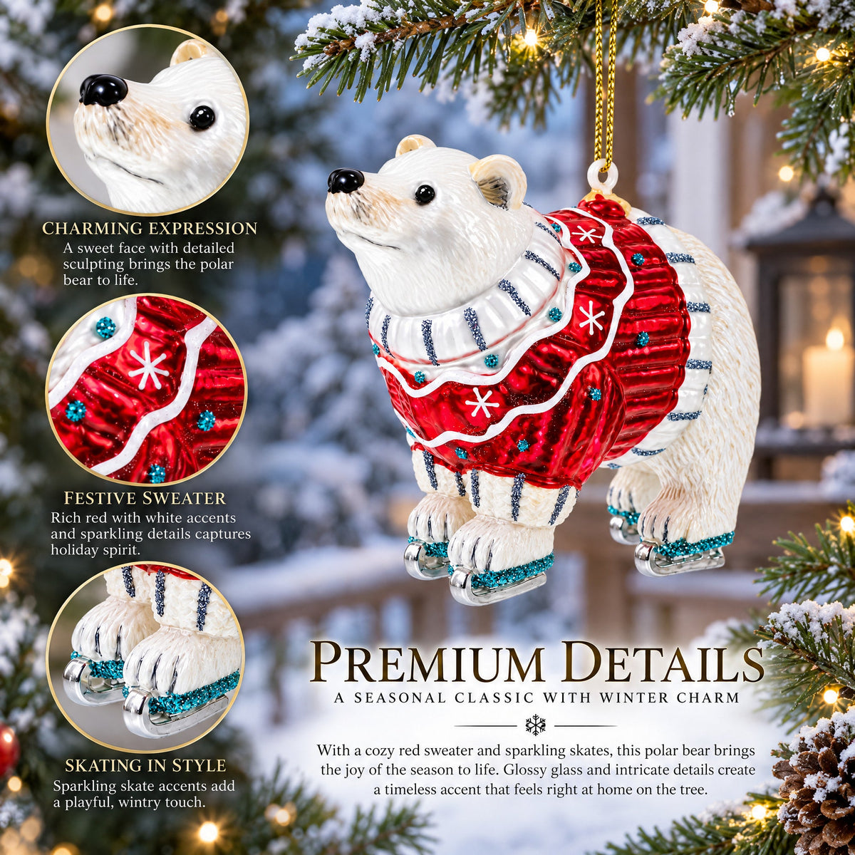 Polar Bear Wearing a Festive Sweater Glass Christmas Ornament