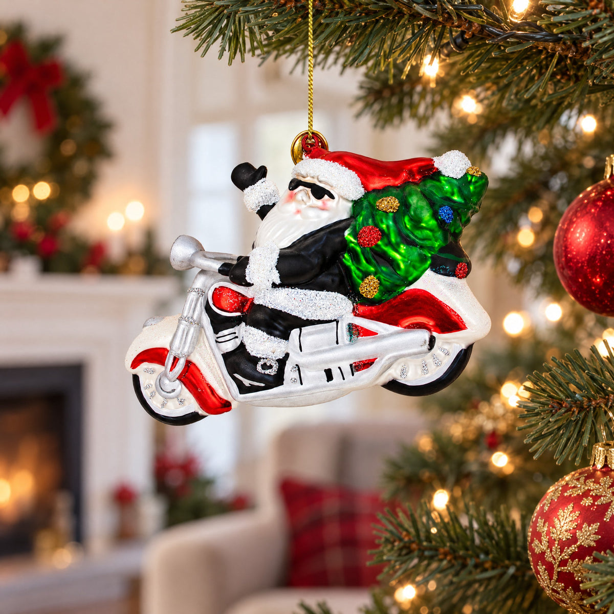 Santa’s Delivery Service Motorcycle Glass Ornament