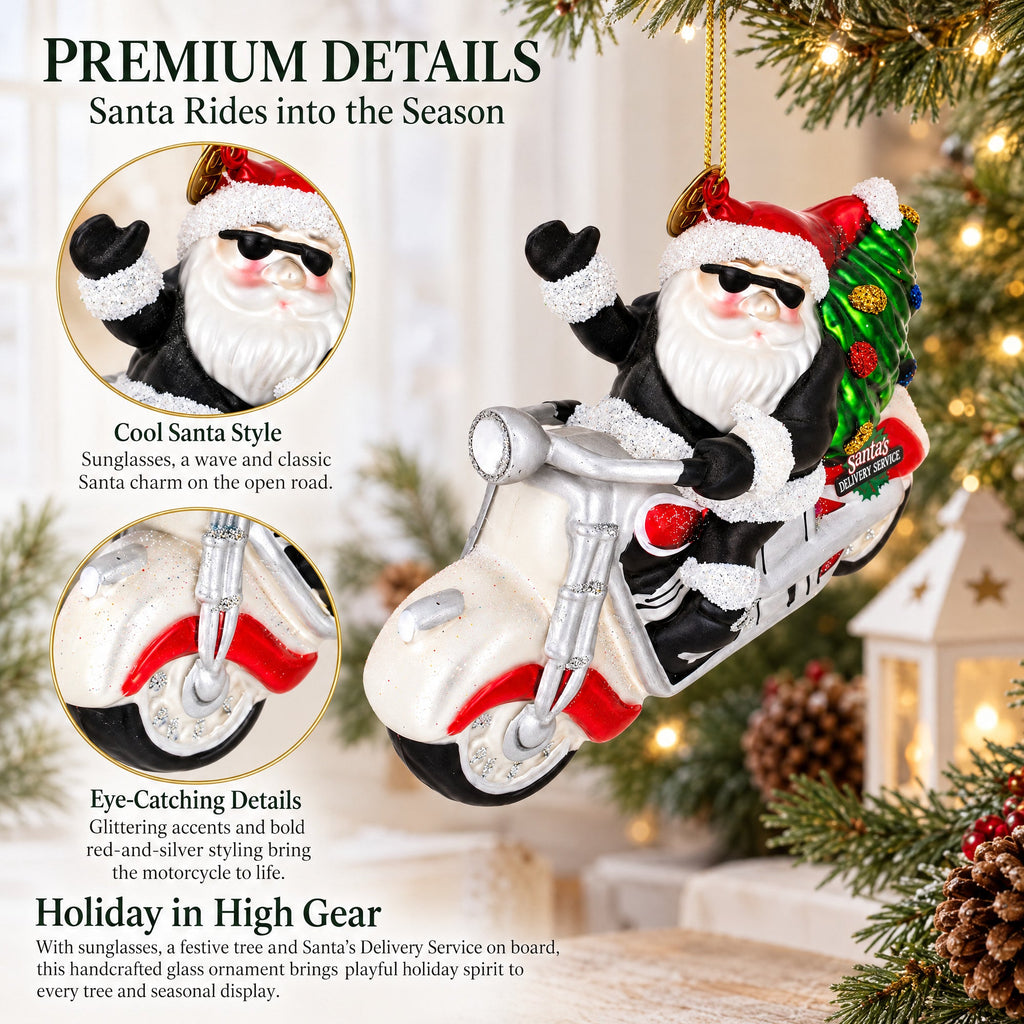Santa’s Delivery Service Motorcycle Glass Ornament