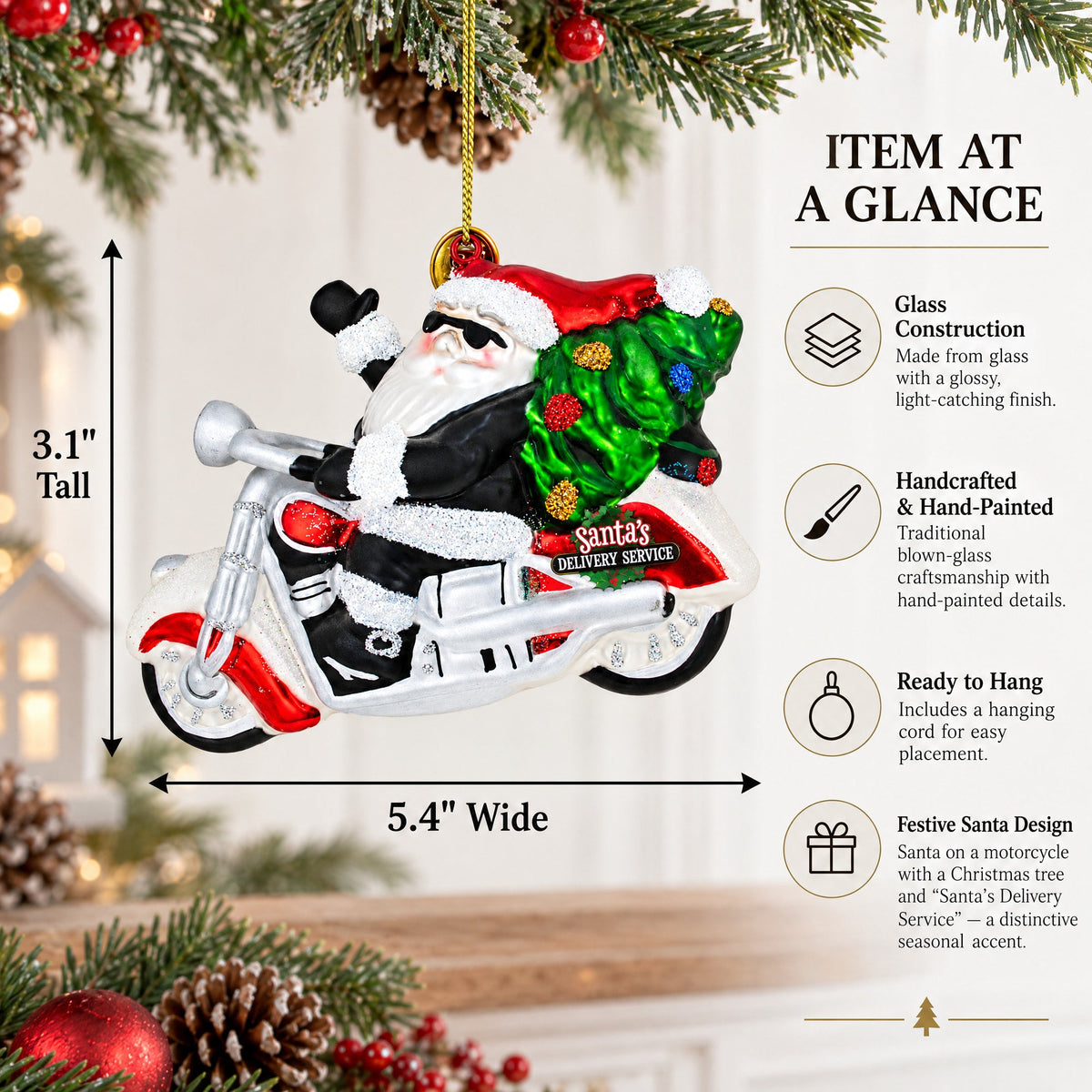 Santa’s Delivery Service Motorcycle Glass Ornament