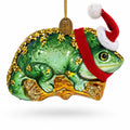 Chameleon in Santa Hat Glass Christmas Ornament
