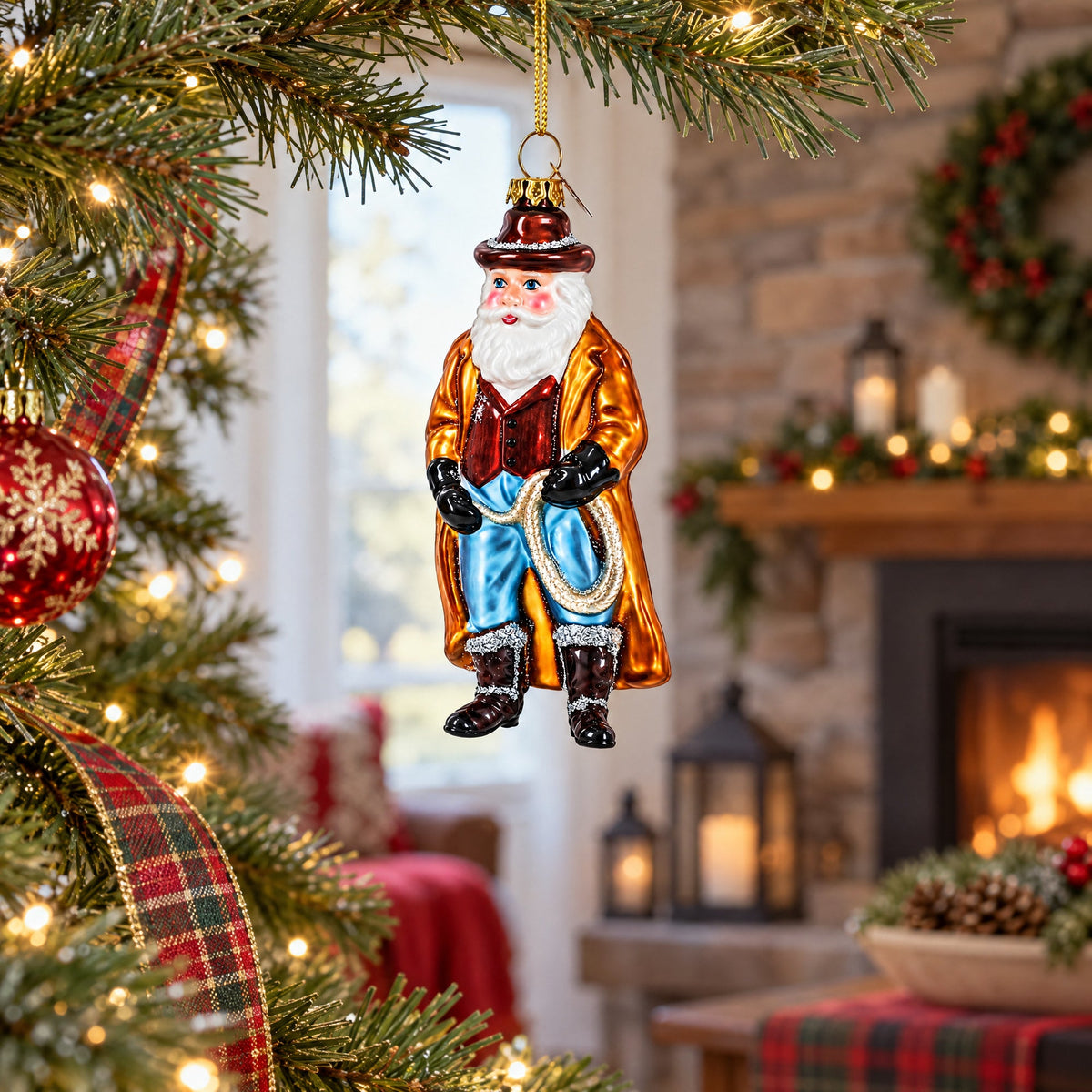 Cowboy Santa Skillfully Twirling a Lasso Glass Christmas Ornament