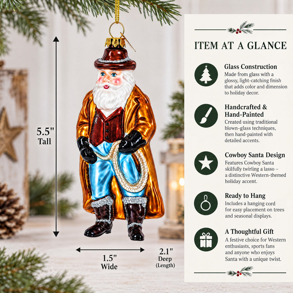 Cowboy Santa Skillfully Twirling a Lasso Glass Christmas Ornament