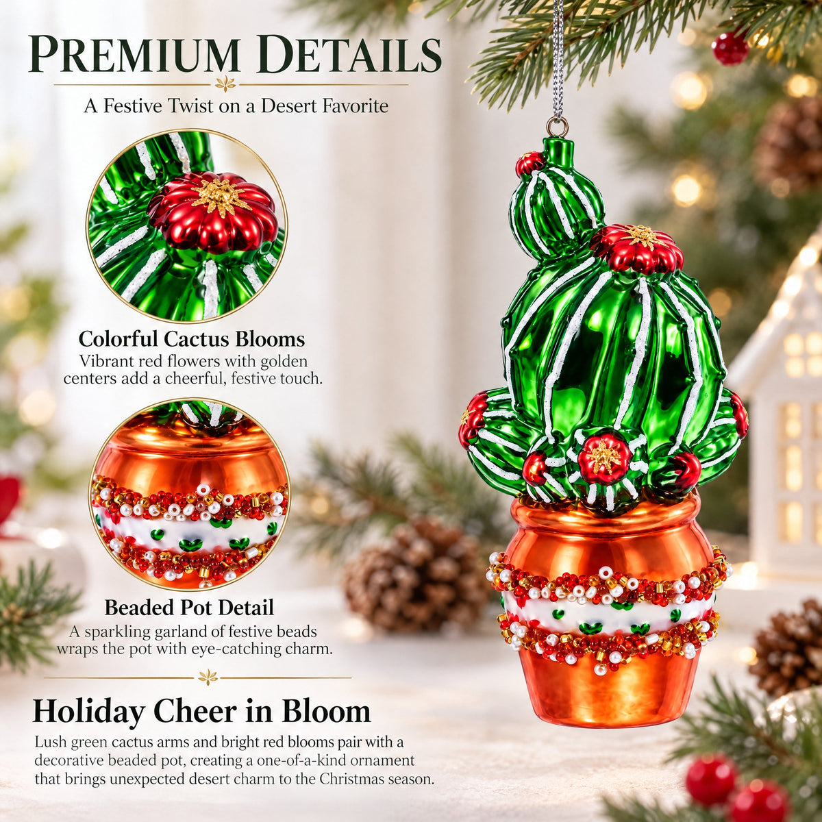 Decorated Cactus in a Pot Glass Christmas Ornament