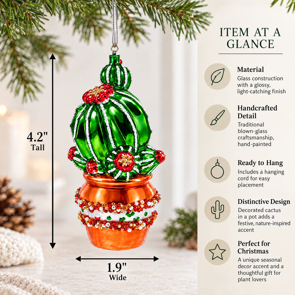 Decorated Cactus in a Pot Glass Christmas Ornament
