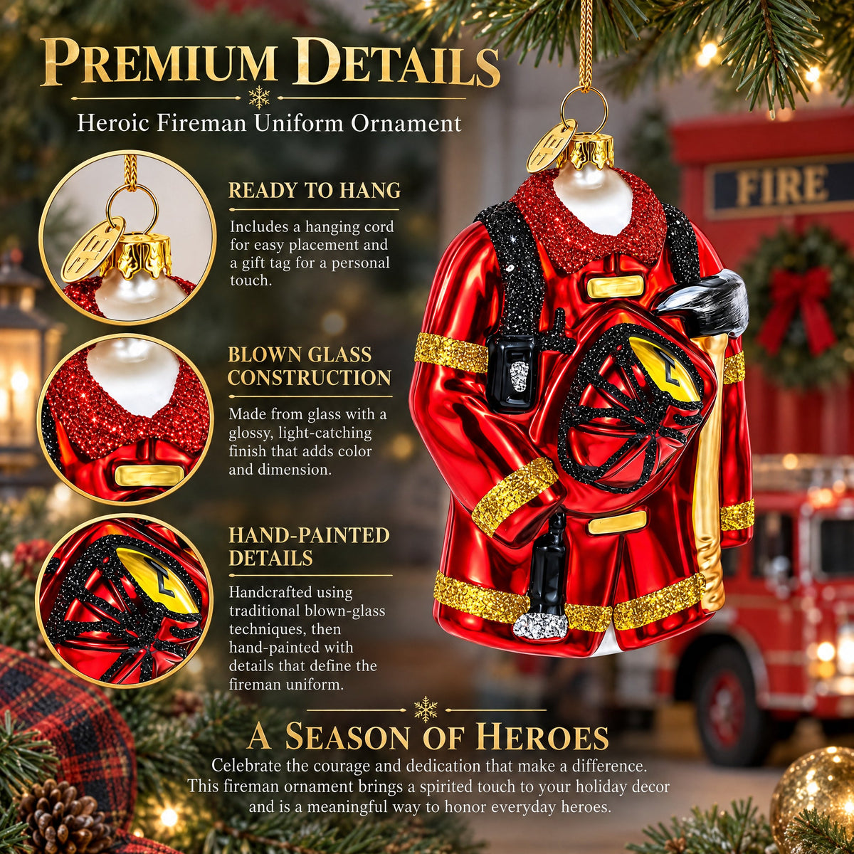 Heroic Fireman Uniform Glass Christmas Ornament