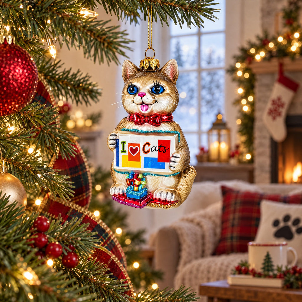 I Love Cats Glass Christmas Ornament