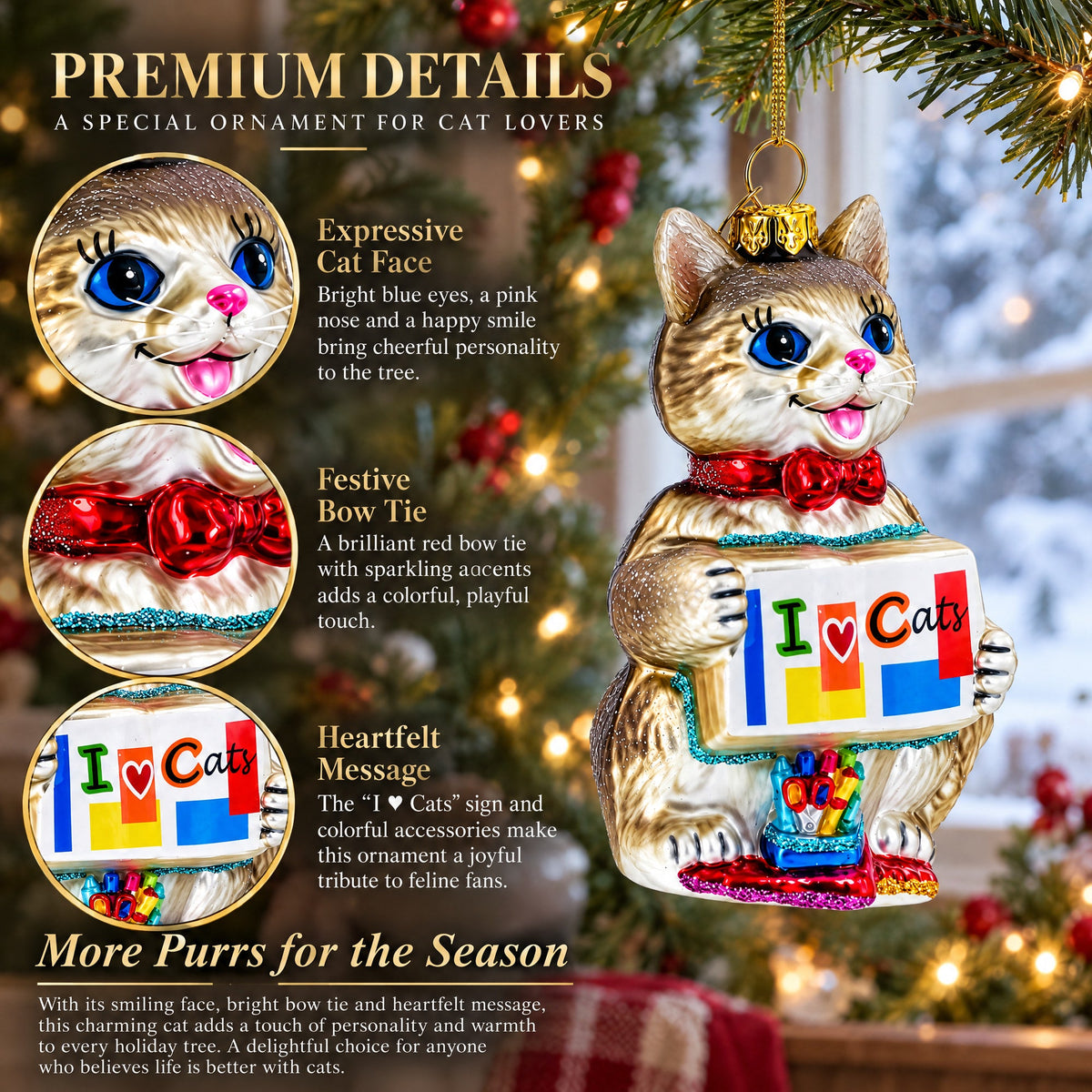 I Love Cats Glass Christmas Ornament