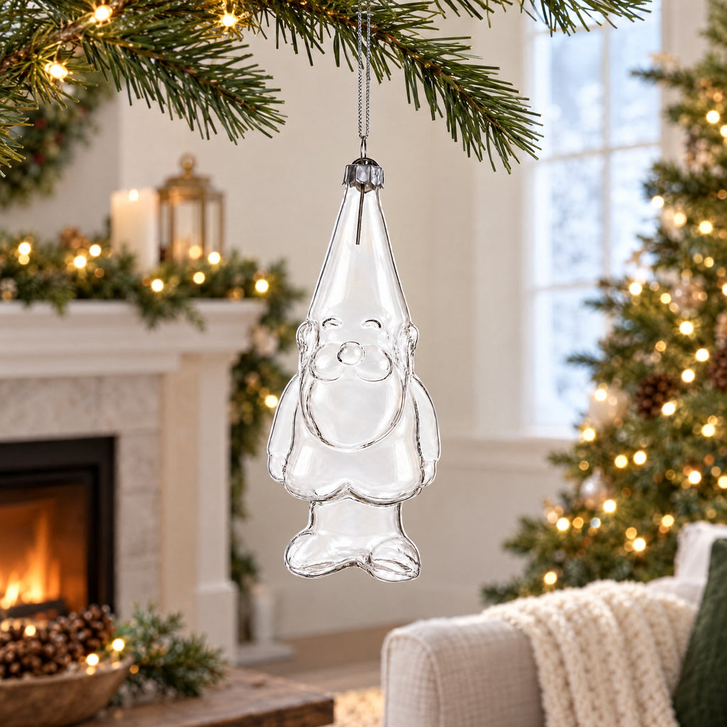 Enchanted Gnome Clear Glass Christmas Ornament