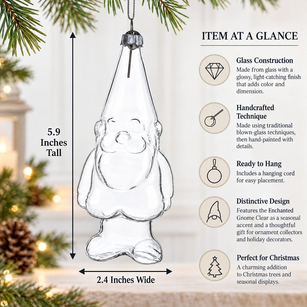 Enchanted Gnome Clear Glass Christmas Ornament