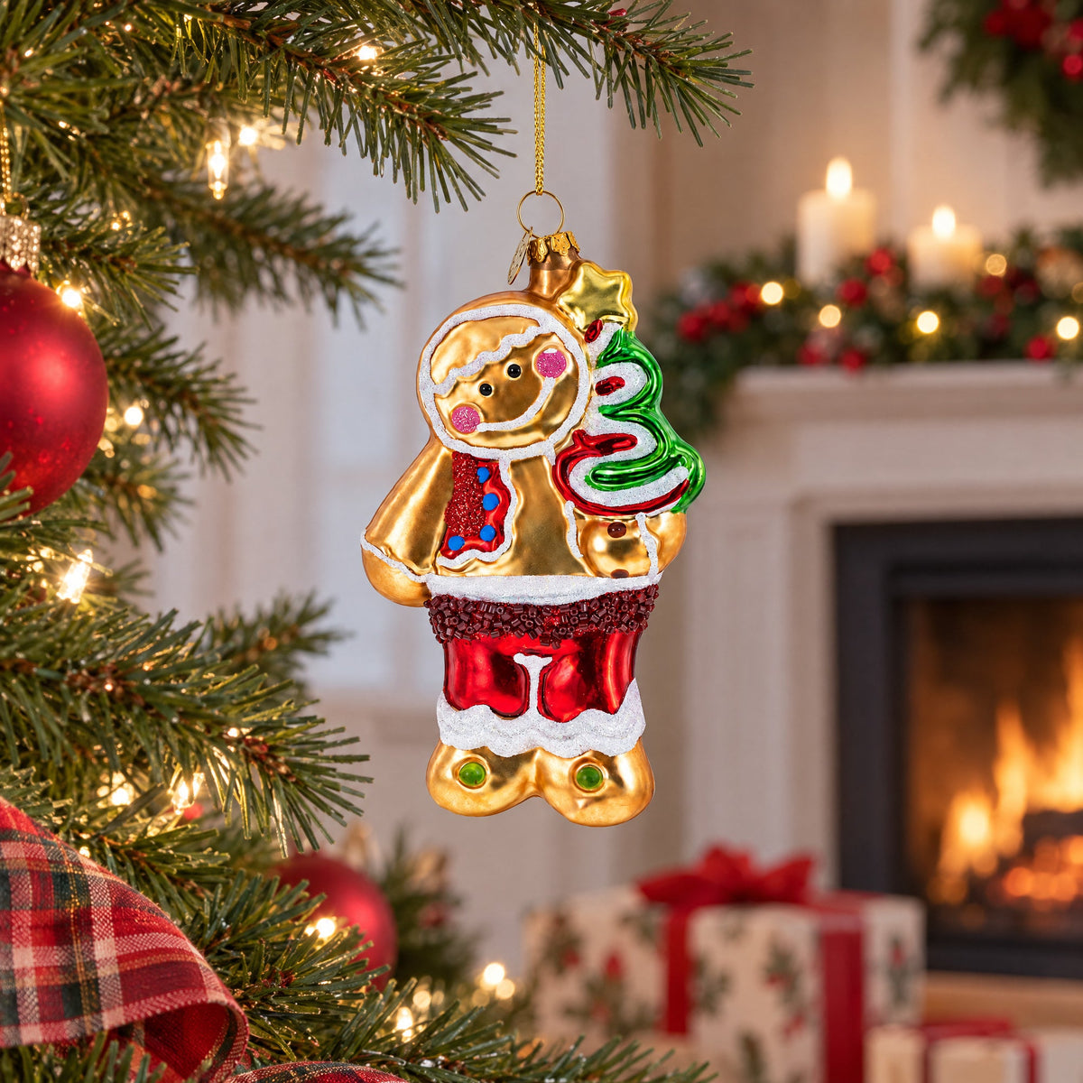 Gingerbread with Christmas Tree Glass Ornament