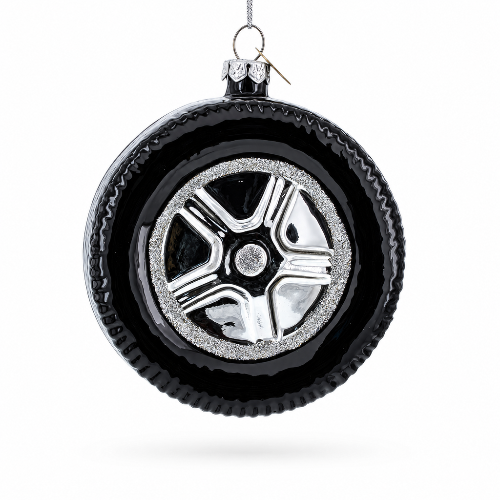 Sleek Black Car Wheel Glass Christmas Ornament